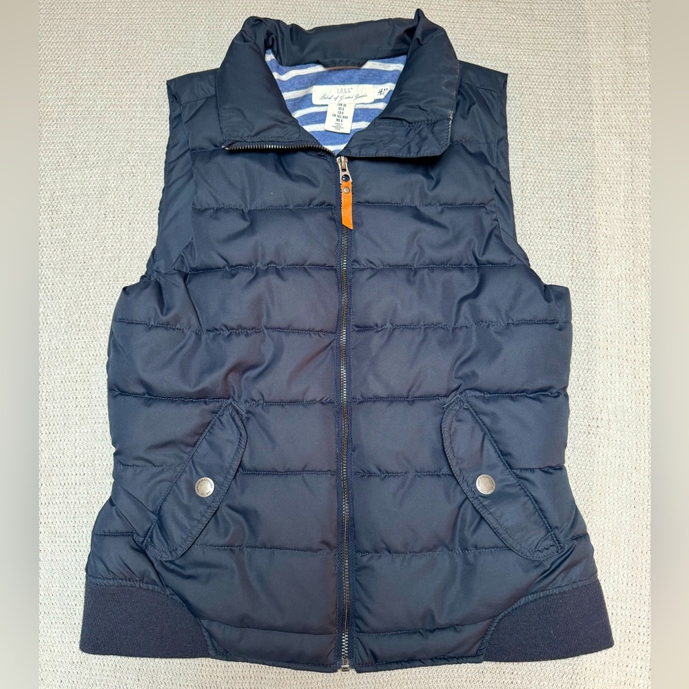 H&M LOGG Label Graded Goods Down Puffy Puffer Vest
Navy Zip Snap Women’s Size 6